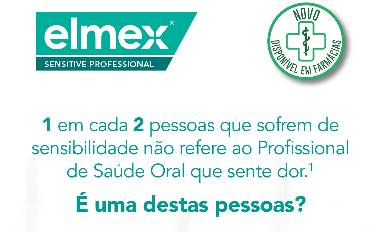Banner informativo elmex: 1 em cada 2 com sensibilidade não informa ao dentista; chamada ‘É uma destas pessoas?